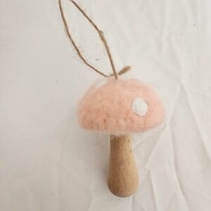 NWT World Market Wood And Pink Felt Mushroom Keychain Hanging Ornament
